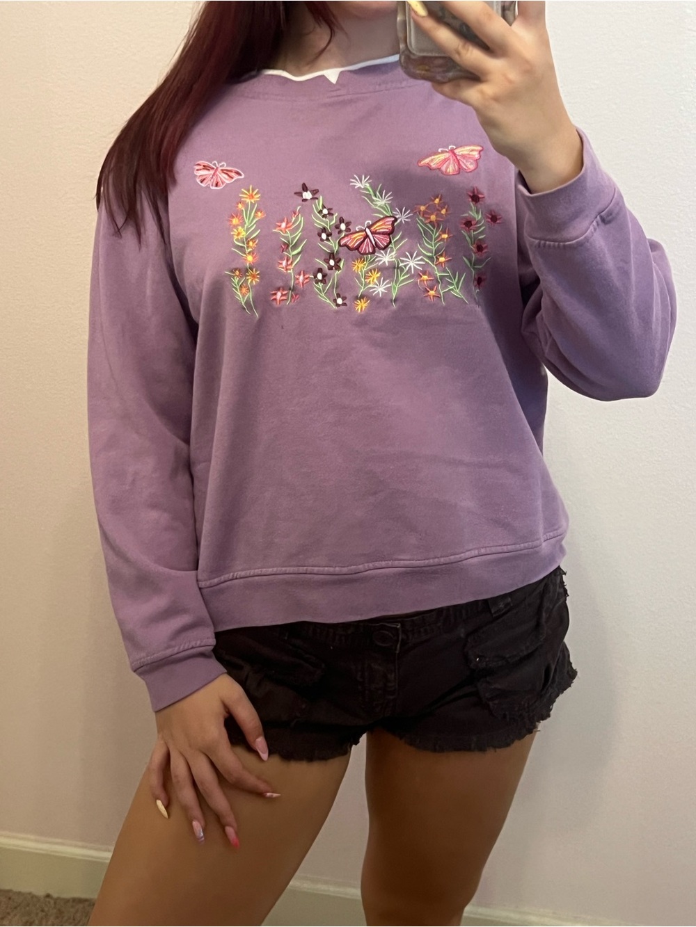 Lilac Butterfly & Floral Embroidered Sweatshirt - Women's Pullover